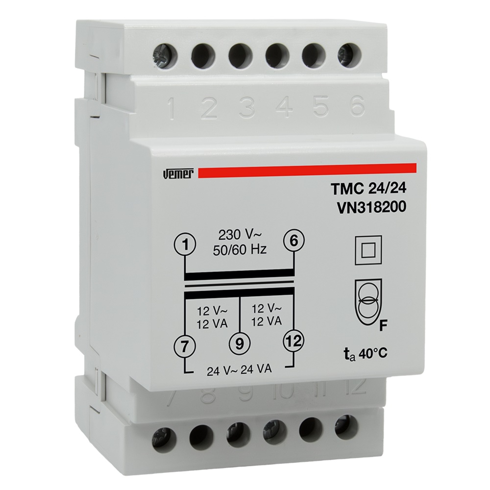 Trasformatore sicurezza 24VA 230V-0-12-24VAC montaggio barra DIN uso continuo