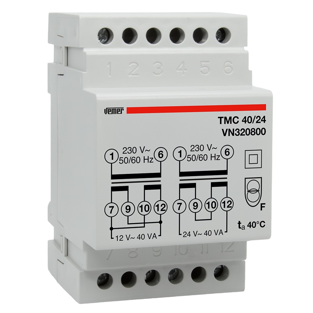 Trasformatore sicurezza 40VA 230V a 12+12VAC montaggio barra DIN uso continuo