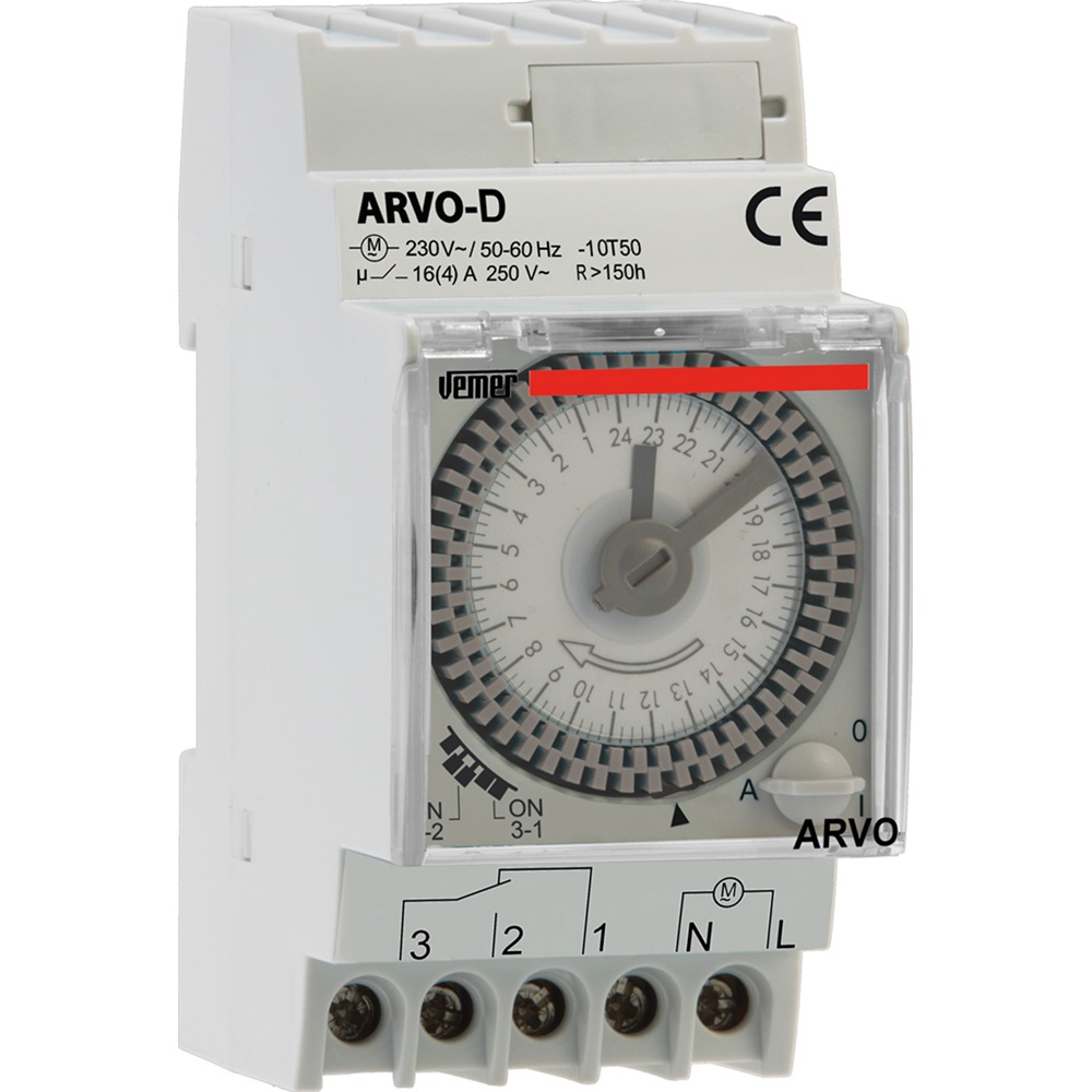Orologio meccanico giornaliero ARVO-D con riserva carica per installazione su barra DIN settore elettrico