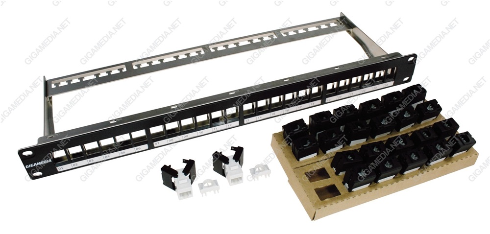 Patch panel 19’’ + 24 prese CAT6 non schermate Nero tooless (GGM PAN24VKP + GGM PRJC6UTLBK)