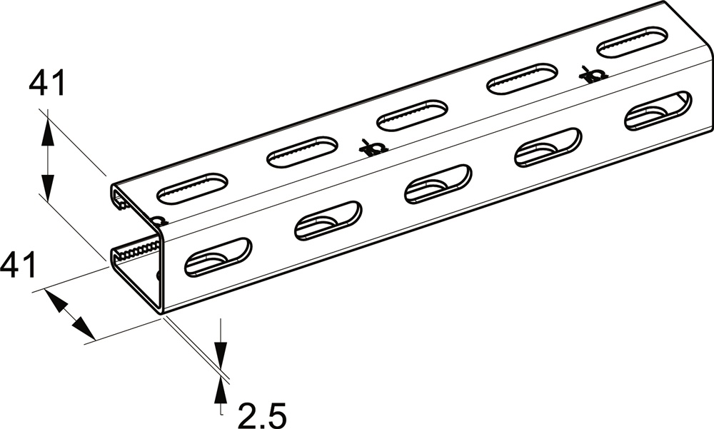 Profilo zincato caldo 41x41x2,5 mm forato 3 lati per installazioni elettriche industriali