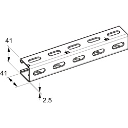 Profilo zincato caldo 41x41x2,5 mm forato 3 lati per installazioni elettriche industriali