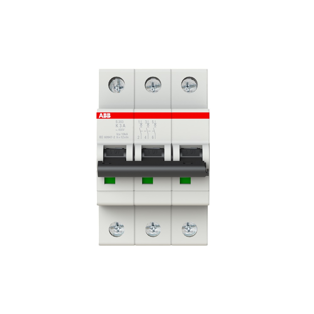 Interruttore automatico Miniature Circuit Breaker S200 3 poli 3A caratteristica K 6kA uso residenziale e industriale