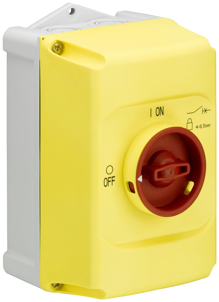 Custodia gialla IP65 per moduli MS116/MS132 con blocco emergenza 3 posizioni