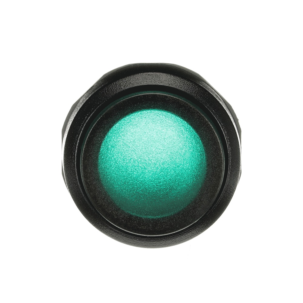 Pulsante elettromeccanico verde illuminato ghiera nera per quadri elettrici industriali e civili