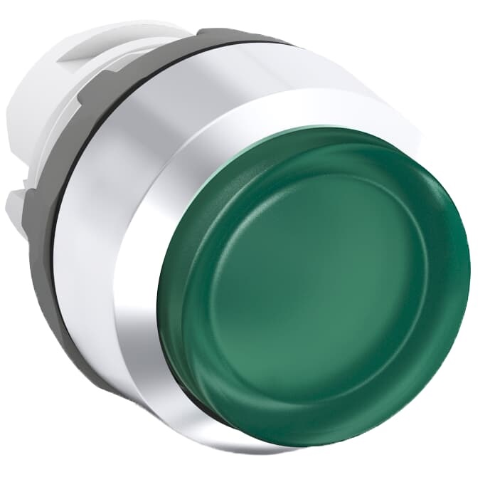 Pulsante luminoso verde mantenuto plastica cromata per controllo impianti industriali e civili