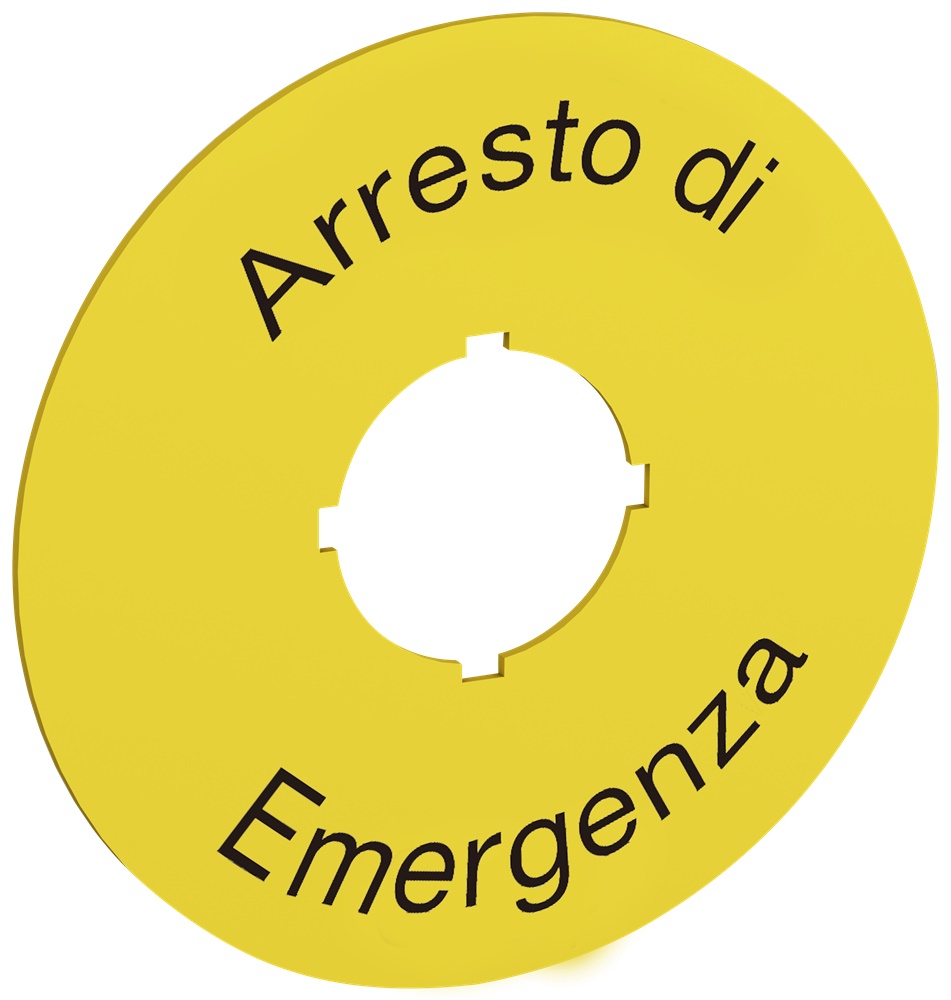 Targhetta arresto emergenza 70 mm diametro testo nero su giallo per impianti elettrici sicurezza industriale
