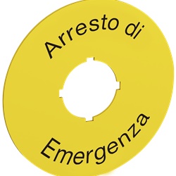 Targhetta arresto emergenza 70 mm diametro testo nero su giallo per impianti elettrici sicurezza industriale