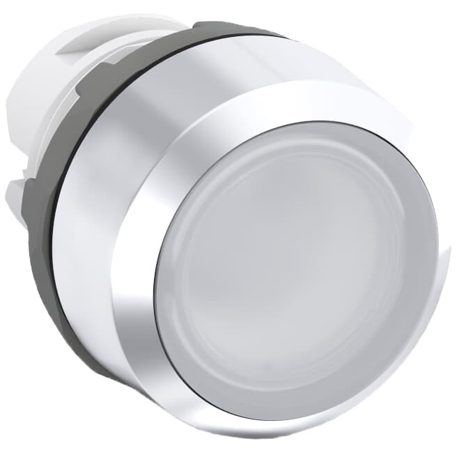 Pulsante elettrico bianco illuminato MP1-31W con ghiera metallica per controllo circuiti residenziali e professionali