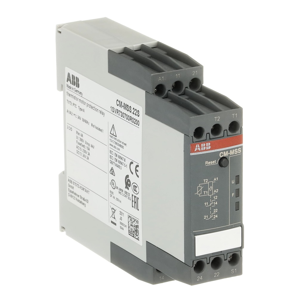 Relè protezione motore termistore 24VAC/DC 2 contatti cambio, reset automatico/manuale, per monitoraggio temperatura PTC