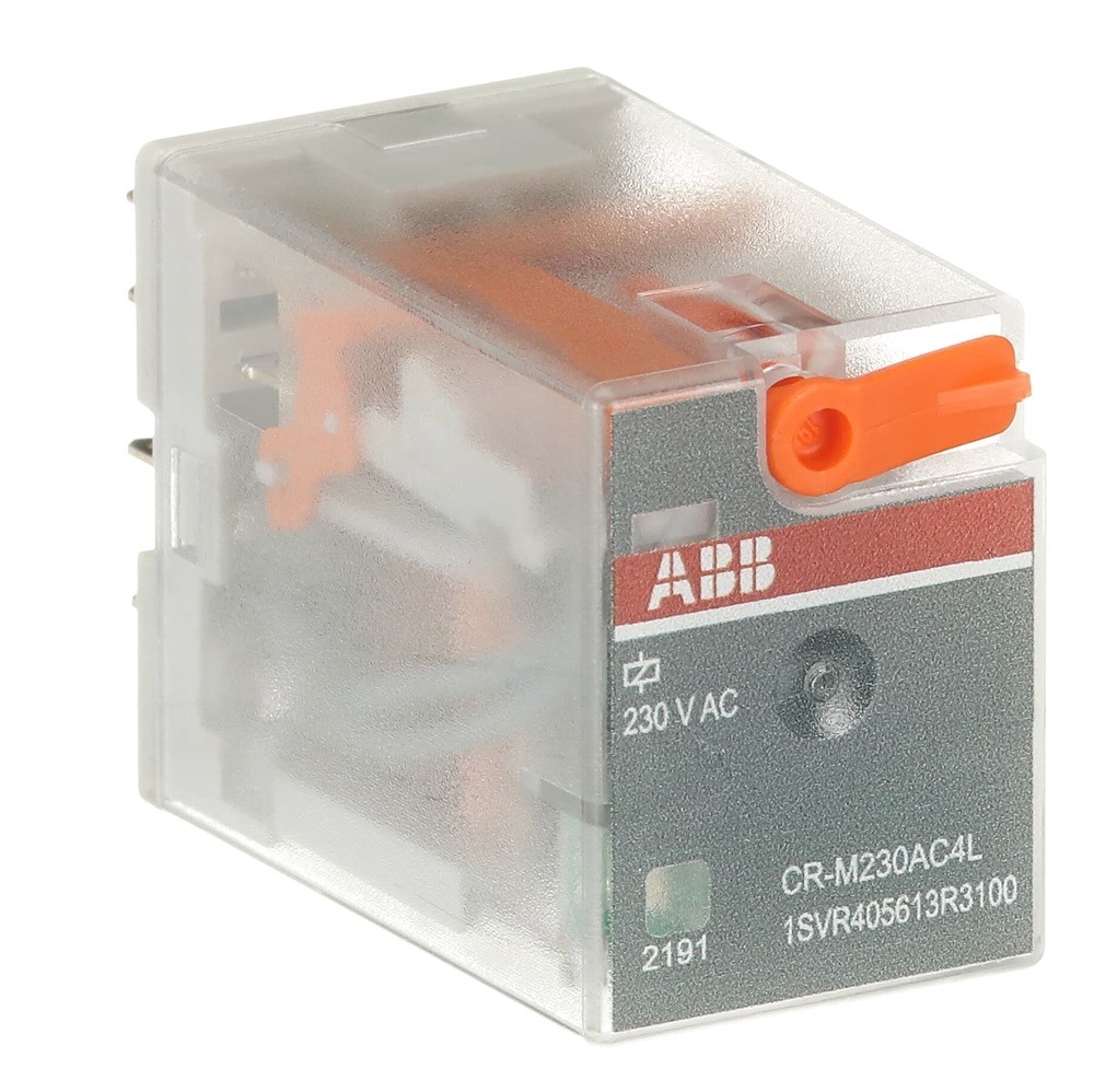 Relè interfaccia pluggable CR-M230AC4L 230VAC 4 contatti cambio 250V 6A con LED e pulsante test per montaggio su guida DIN