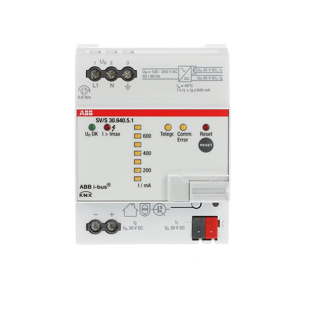 Alimentatore compatto 640 mA con diagnostica LED e comunicazione ETS per bus ABB i-bus