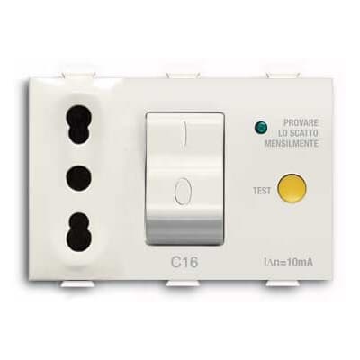 Presa bivalente 2P+E 16A 250V con interruttore magnetotermico e protezione differenziale 10mA per uso residenziale e commerciale