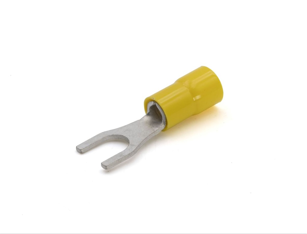 Capocorda giallo a forcella preisolato PVC vite 14mm per conduttori rame 4-6 mmq impianti elettrici