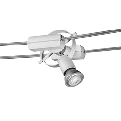 Sistema a tesata bianco con corpo in alluminio, lampadine LED GU10 compatibili, orientabile su due assi, per illuminazione interna versatile e moderna