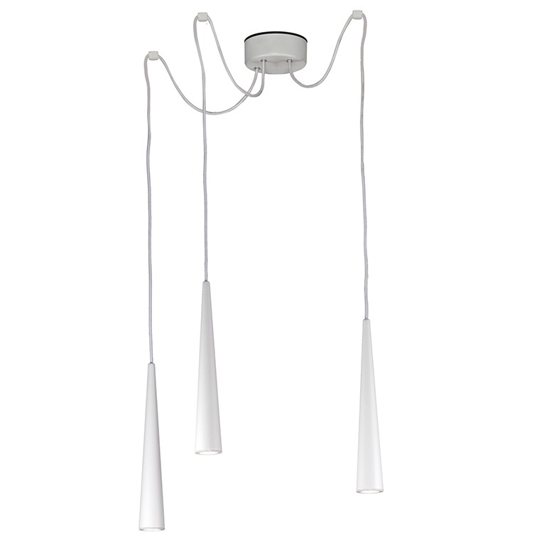 Sospensione 3 luci con struttura a cono metallo laccato bianco portalampada GU10 per interni design moderno