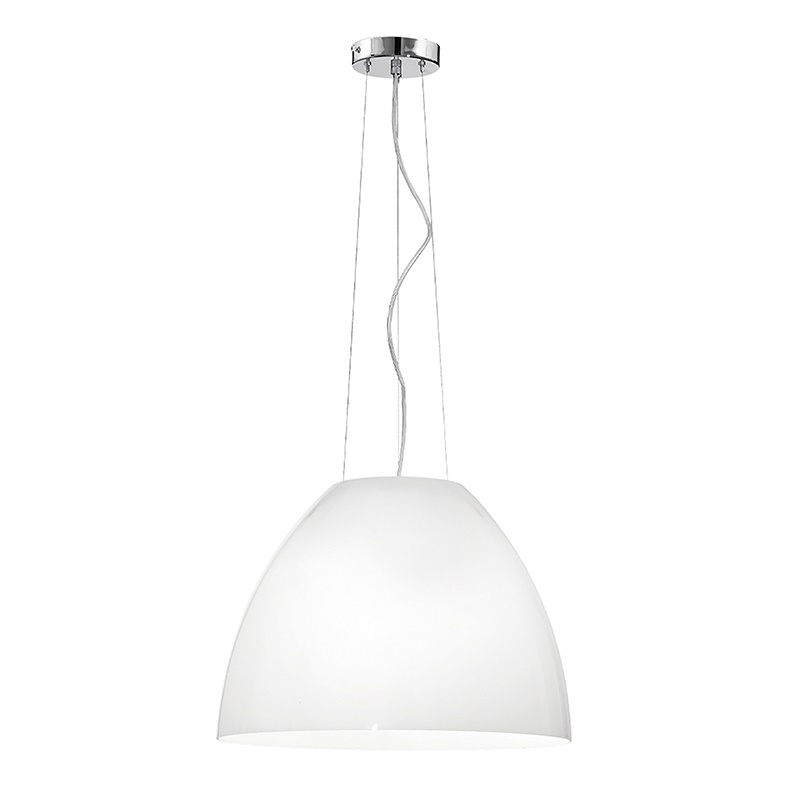 Lampada sospensione vetro soffiato bianco latte metallo cromato attacco E27 design moderno interni