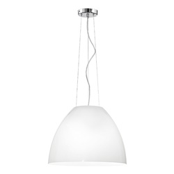 Lampada sospensione vetro soffiato bianco latte metallo cromato attacco E27 design moderno interni