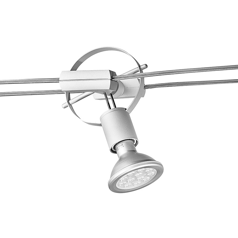 Sistema a tesata bianco opaco con LED integrato o lampadine E27, orientabile su due assi, per illuminazione interna versatile e risparmio energetico