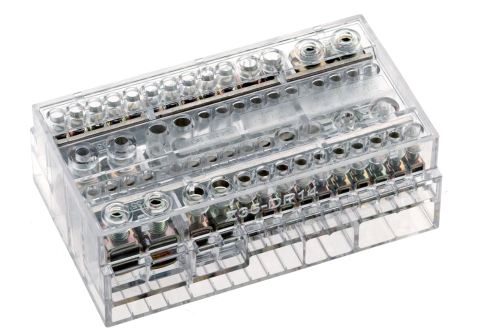 Partitore tetrapolare 125A 14 vie serraggio indiretto guida DIN 35 mm per quadri comando e distribuzione
