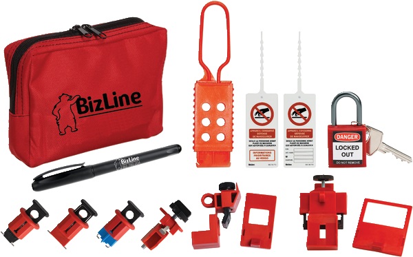Set blocco sicurezza lucchetto cinghia alluminio 38mm rosso con blocca-disgiuntori e accessori