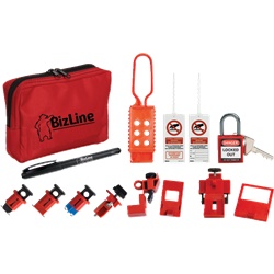 Set blocco sicurezza lucchetto cinghia alluminio 38mm rosso con blocca-disgiuntori e accessori