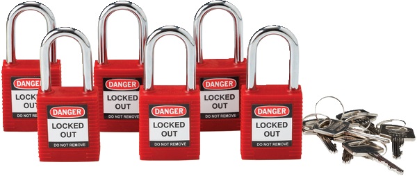 Set 6 lucchetti blocco corpo nylon anello alluminio 38 mm chiavi identiche sicurezza impianti