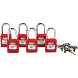 Set 6 lucchetti blocco corpo nylon anello alluminio 38 mm chiavi identiche sicurezza impianti