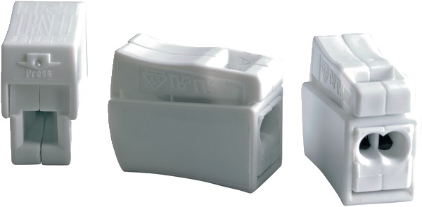 Terminale di collegamento morsetti bianco 1 cavo flessibile 2 rigidi per illuminazione e riscaldamento, installazione senza attrezzi, confezione 100 pezzi