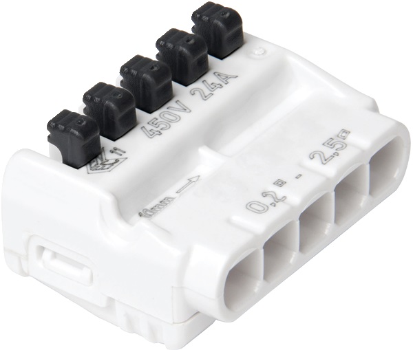 Morsetto leva 5 ingressi cavi flessibili rigidi 2,5mmq per installazioni elettriche professionali (50 pezzi)