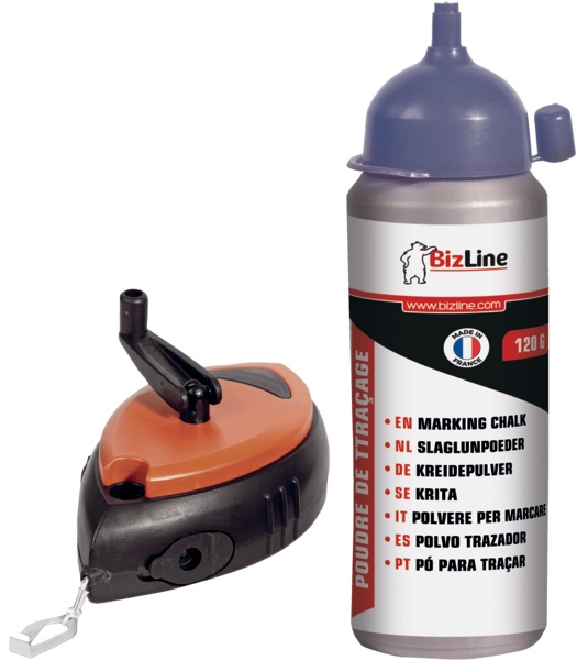 Kit cordicella tracciatura con polvere blu 120 g, manovella bloccabile, installazioni elettriche precise e rapide