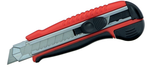 Cutter professionale 18 mm con corpo bimateriale antiscivolo, bloccaggio manuale e ricarica automatica lame, ideale per installatori elettrici e lavori precisi
