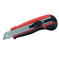 Cutter professionale 18 mm con corpo bimateriale antiscivolo, bloccaggio manuale e ricarica automatica lame, ideale per installatori elettrici e lavori precisi