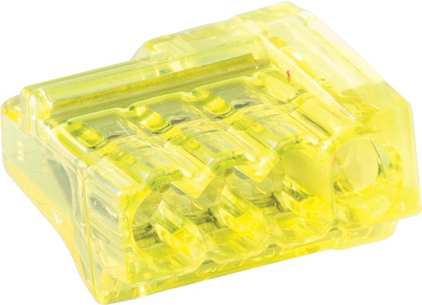 Morsetto automatico CHRISTAL 4 ingressi giallo autoestinguente VO con punta tester per installazioni elettriche rapide e sicure