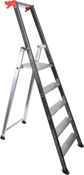 Scala alluminio 5 gradini robusta con ripiano porta-attrezzi e gancio porta-secchio per installazioni elettriche rapide e sicure