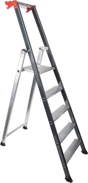 Scala alluminio 7 gradini robusta con ripiano porta-attrezzi e gancio porta-secchio, uso elettricisti e clienti finali