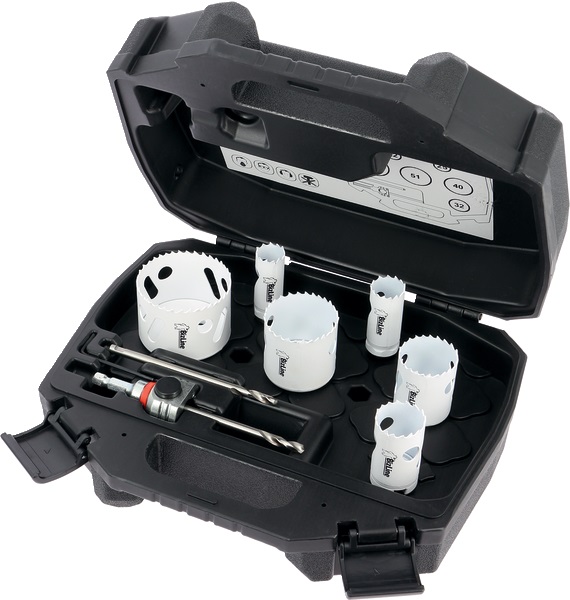 Set 6 seghe a tazza CLIC II Ø22-67 mm con albero esagonale e punta guida HSS cobalto per forature precise impianti elettrici