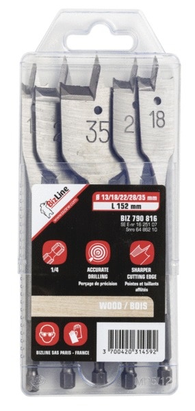 Set 5 punte piatte legno Ø13-35 mm per installazioni rapide e precise