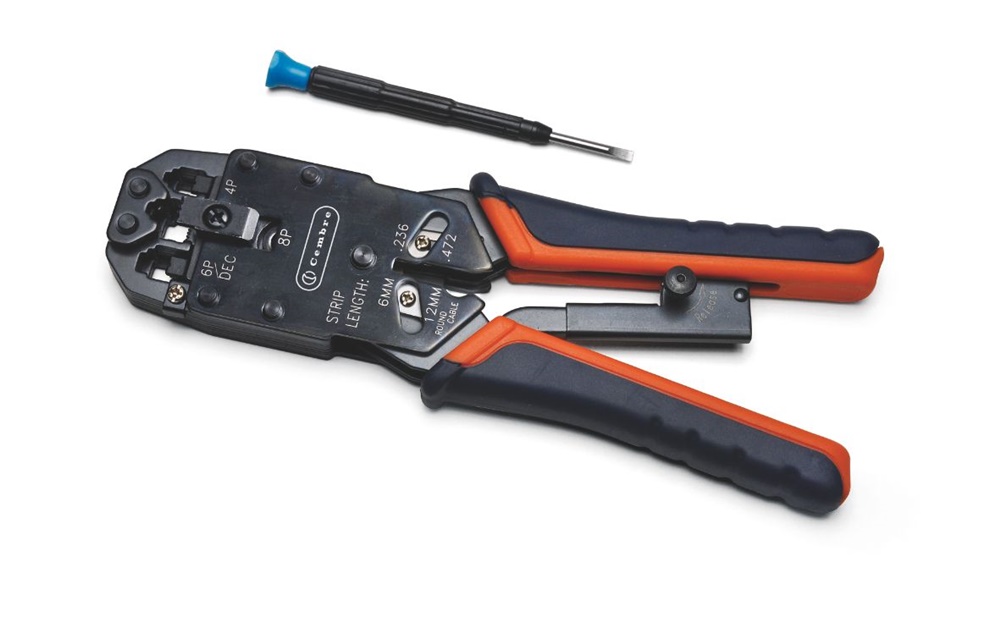 Crimpatrice meccanica con lame taglio e spelatura per connettori RJ11, RJ12, RJ45, uso telecomunicazioni e networking