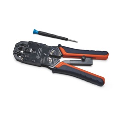Crimpatrice meccanica con lame taglio e spelatura per connettori RJ11, RJ12, RJ45, uso telecomunicazioni e networking
