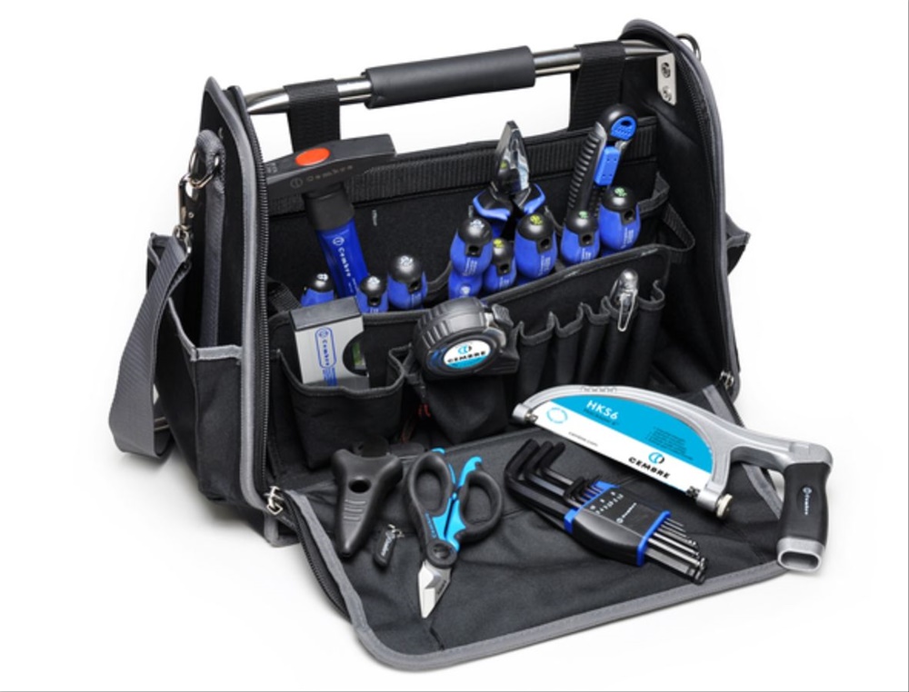 Borsa portautensili tessuto robusto 2 scomparti tasche interne uso professionale
