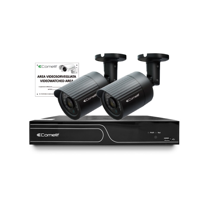 Kit IP, NVR 4 canali IPNVR104EPOE HDD 1TB + 2 telecamere bullet IPCAM102B + cartello 43500