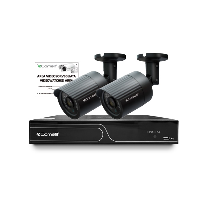 Kit IP, NVR 4 canali IPNVR104EPOE HDD 1TB + 2 telecamere bullet IPCAM102B + cartello 43500