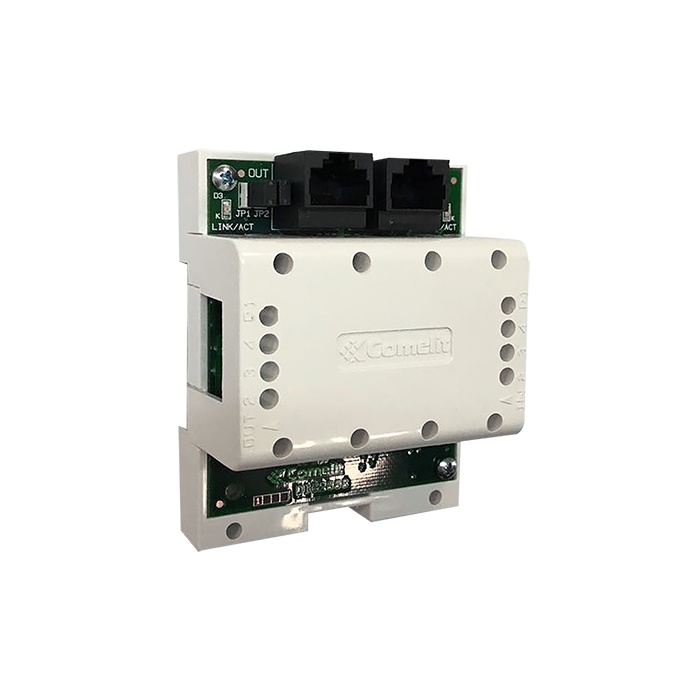 Ripetitore attivo segnale montante, sistema ViP, 10/100Mbps, cascata fino a 8 dispositivi, 2 connettori RJ45 PSE/PD, montaggio DIN 4 moduli