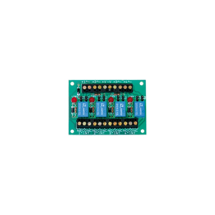 Scheda 4 relè basso assorbimento, 12VDC 23mA cad., contatti 1A scambio libero NC/NO, 77x55x20mm