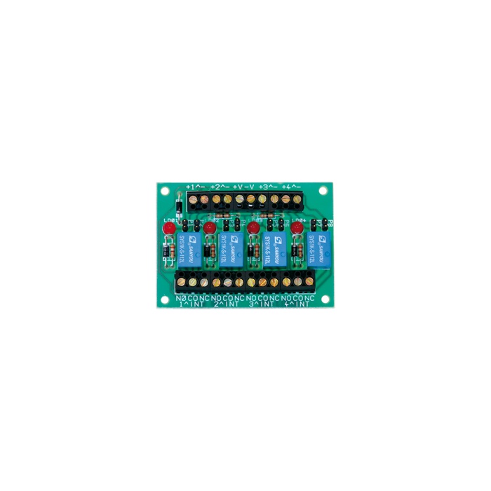 Scheda 4 relè basso assorbimento, 12VDC 23mA cad., contatti 1A scambio libero NC/NO, 77x55x20mm