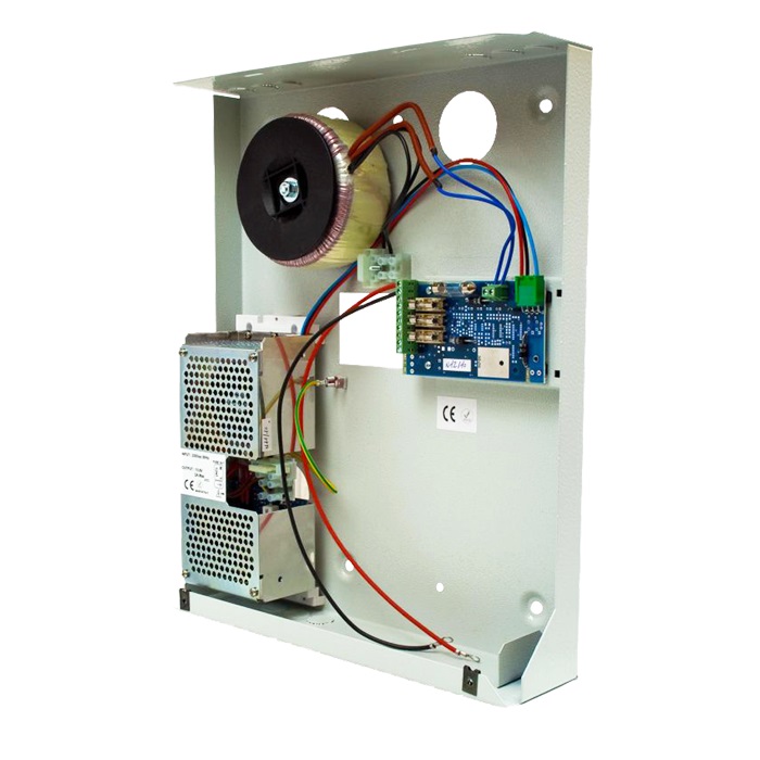 Alimentatore per barriere in cassetta metallica, 220VAC/13.8VDC 2.5A + 24VAC 300VA, batteria 18Ah max