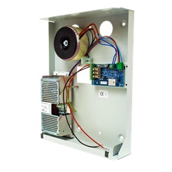 Alimentatore per barriere in cassetta metallica, 220VAC/13.8VDC 2.5A + 24VAC 300VA, batteria 18Ah max