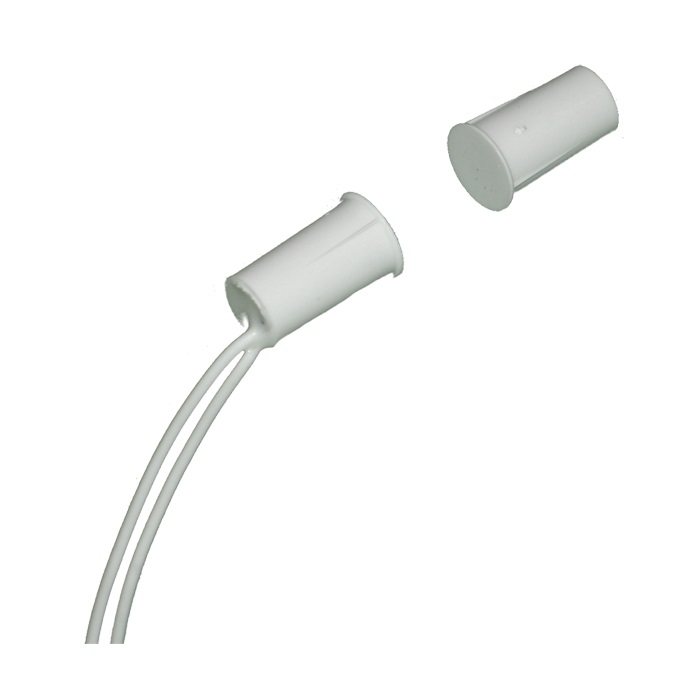 Contatto magnetico da incasso a sigaretta corto, plastica bianca, 18x11x11mm, non per infissi metallici