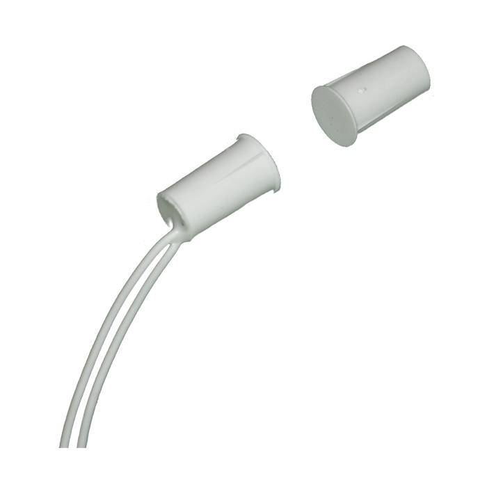 Contatto magnetico da incasso a sigaretta corto, plastica bianca, 18x11x11mm, non per infissi metallici